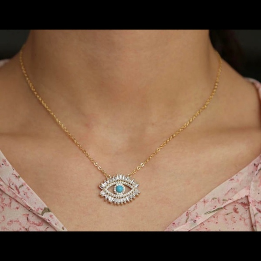 baguette cz evil eye necklace 14k gold dainty boho